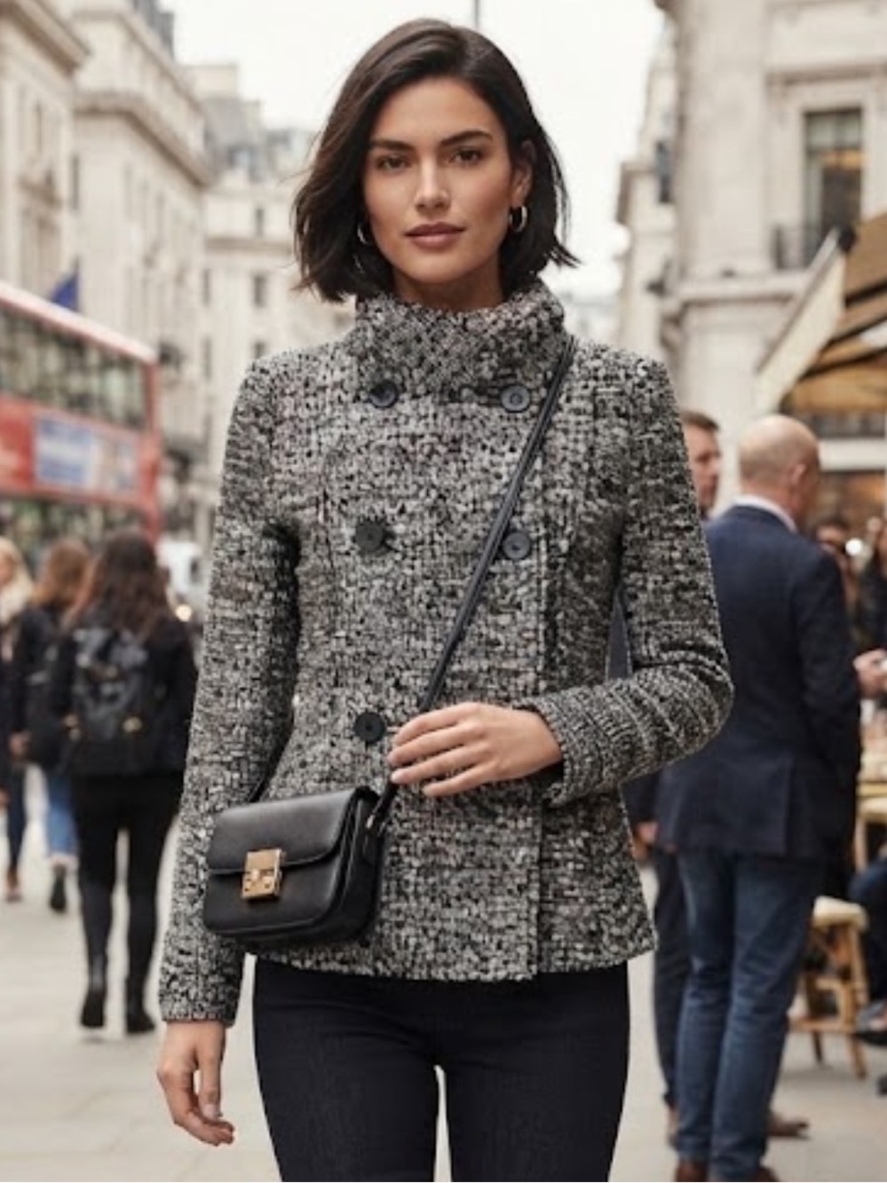 NWOT H&M Black & White Tweed Double-Breasted High-Collar Jacket
